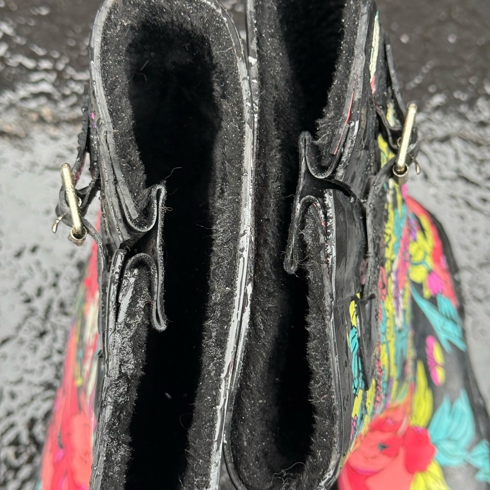 Floral Rain Boots - Black Fleece Lined with Bright Multicolor Flowers - Picture 3 of 3